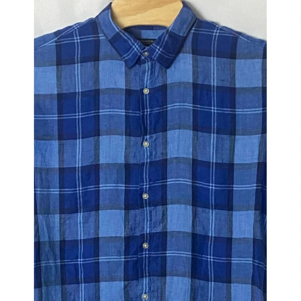 Banana Republic Linen Blue Plaid Shirt‎ Short Sleeve Camden Fit Button Up Sz XL